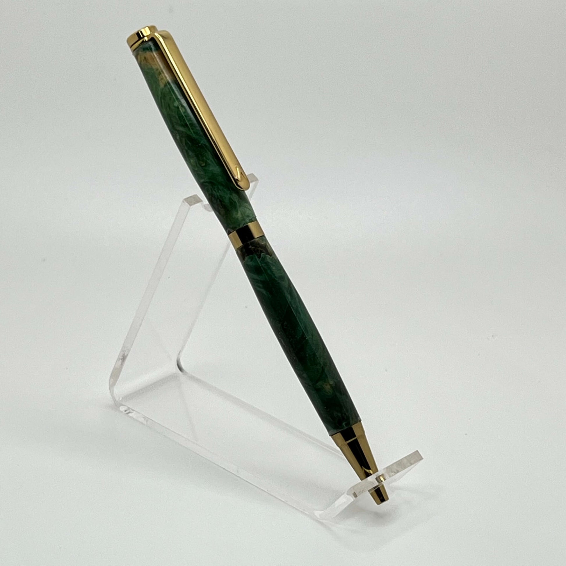 Right side view of handcrafted pen with Box Elder Burl wood dyed green
