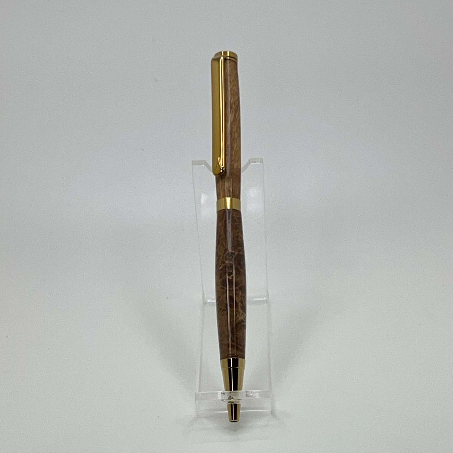 Front view of handcrafted pen with Box Elder Burl wood dyed brown