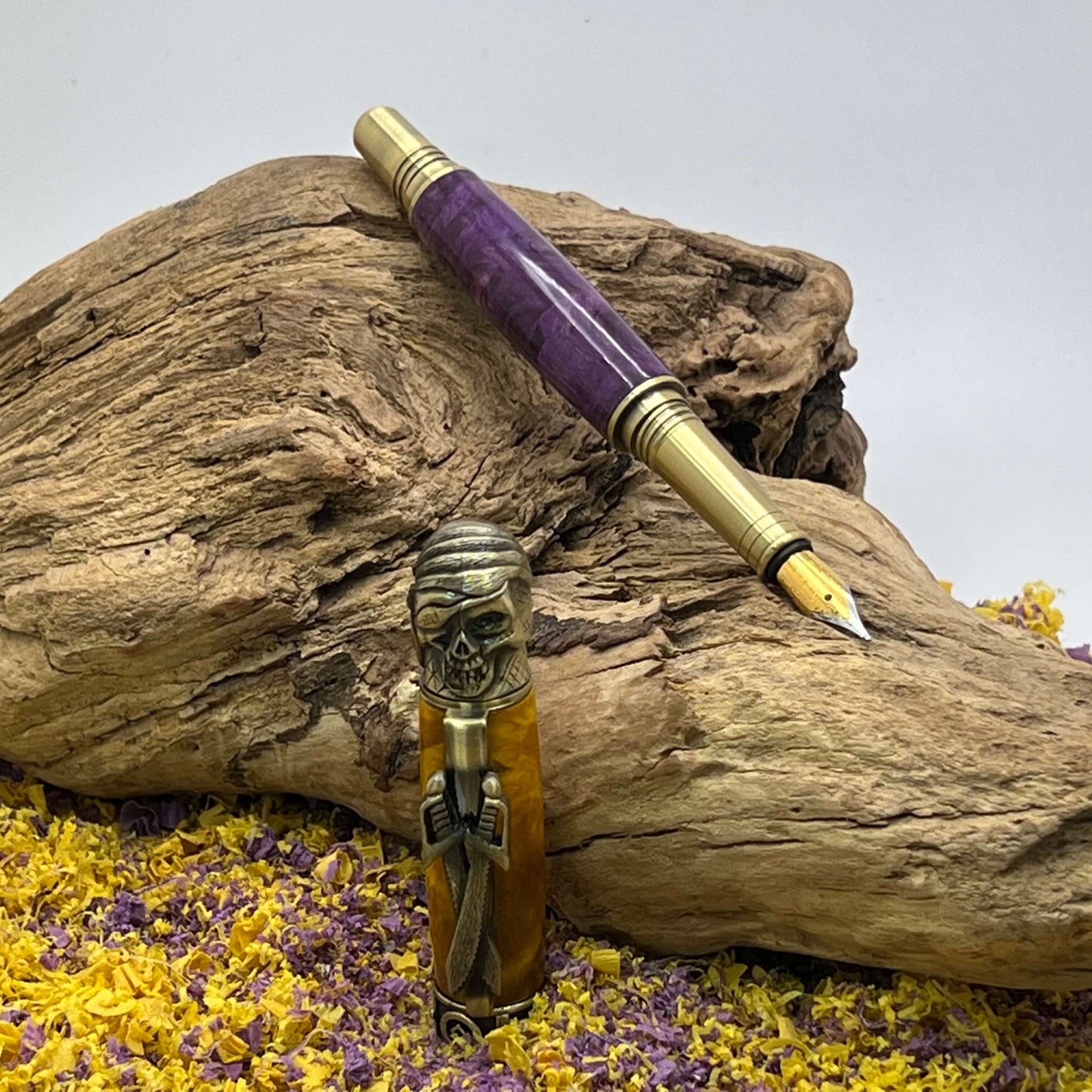 Handcrafted ECU Pirate Wood fountain pen with antique brass pirate and swords 