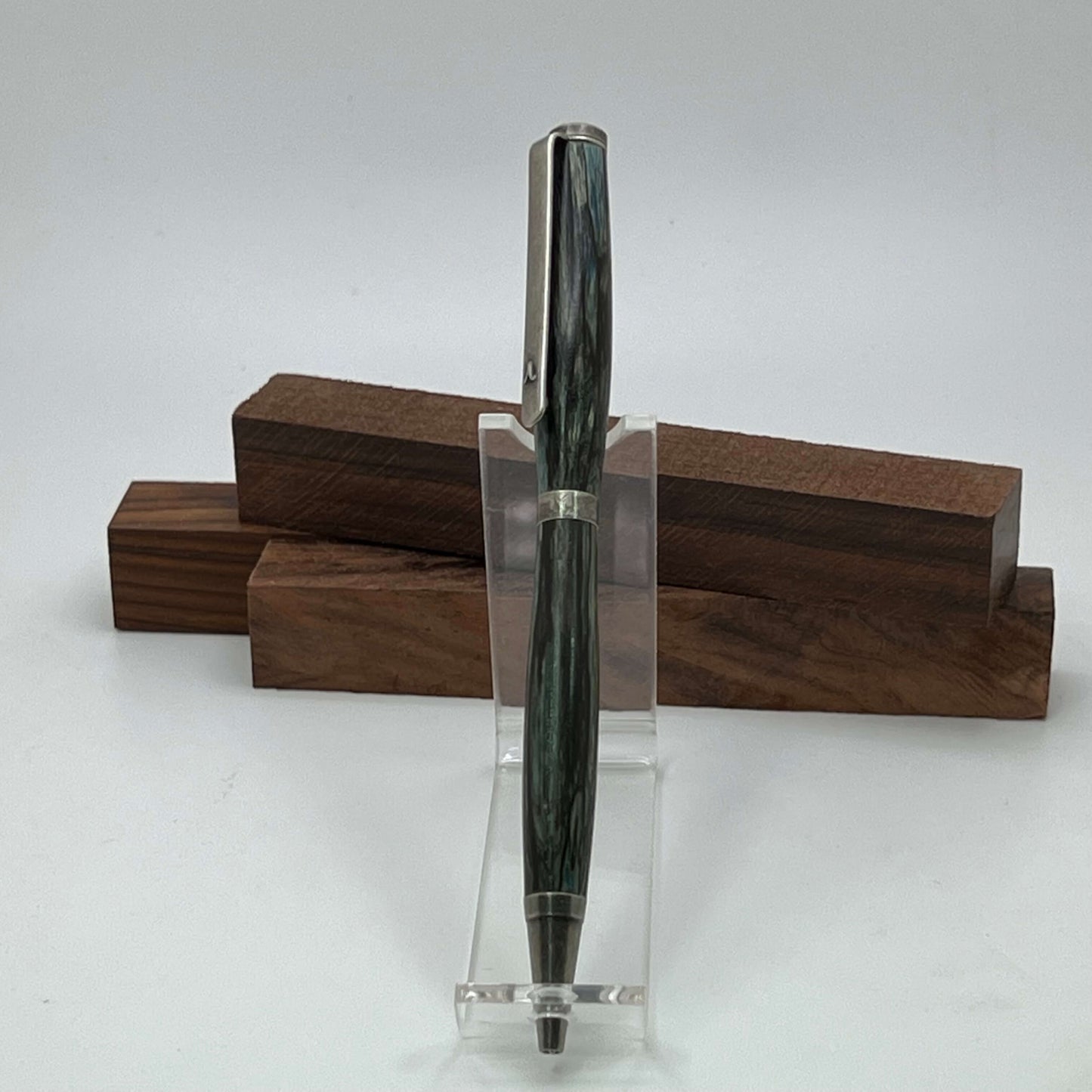 Handcrafted Antique Silver Slimline Pen, Spalted  Maple Wood Colored in Blue